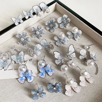 DAIIIBABYYY  -  Luxury Blue Gradient Crystal Butterfly Flower Pearl Earrings Flower Geometric Women Korean Fashion Kpop Tassel Earring